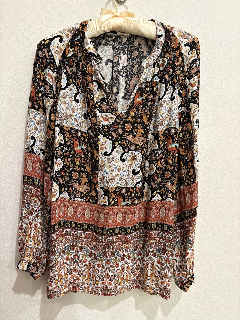 Christian Siriano New York Boho Peasant Blouse Patchwork Floral Horse Print Sm